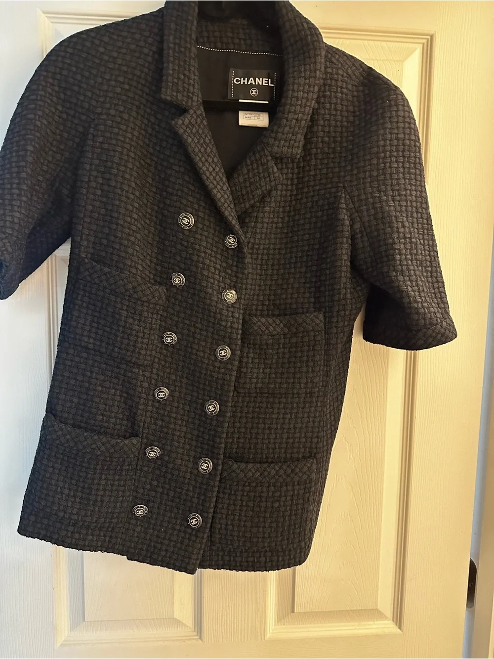 CHANEL Black Textured Short-Sleeve Double-Breasted Jacket